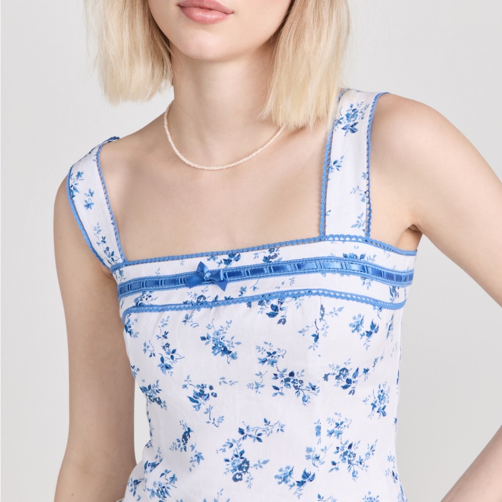 Reformation White and Blue Floral Square-Neck Tank